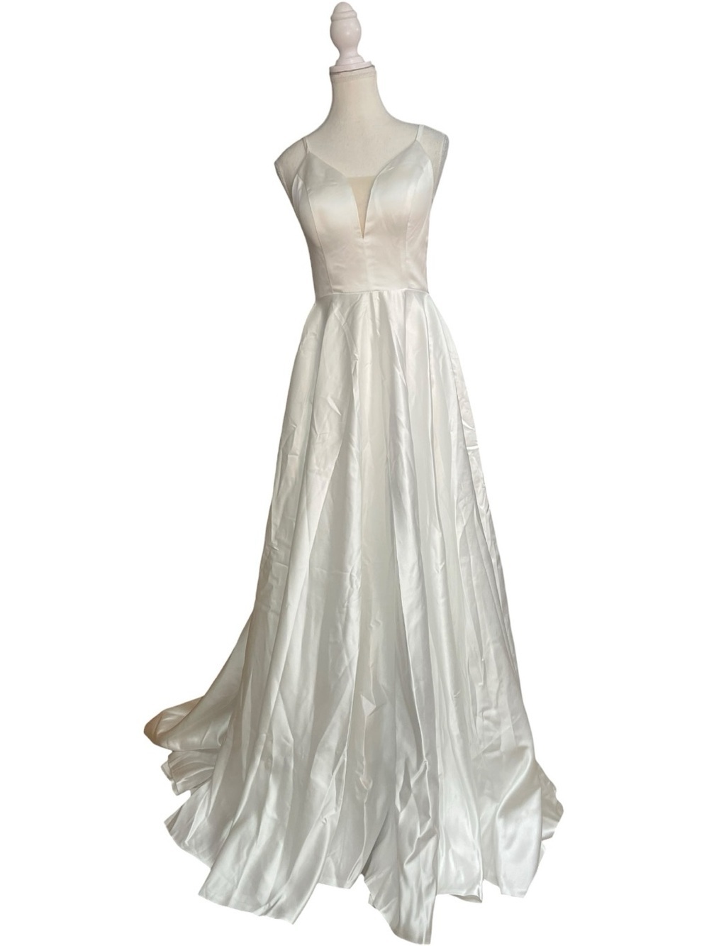 Miss Veil Satin V-Neck A-Line Gown Dress White
